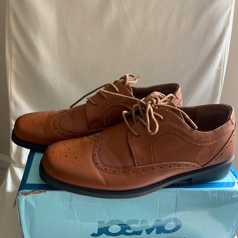 Boys tan brown lace dress wingtip shoes.